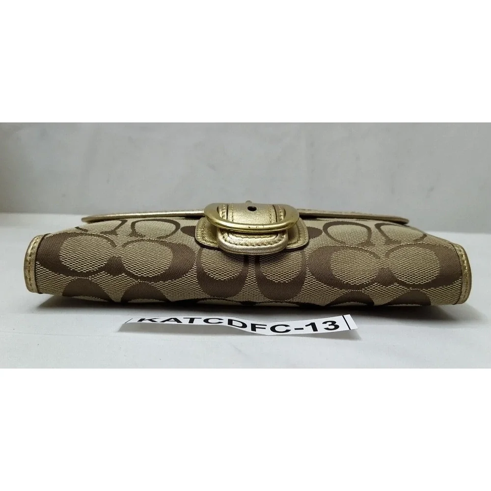 Coach Bleecker Signature Brown Canvas Gold Leather Buckle Trifold Wallet